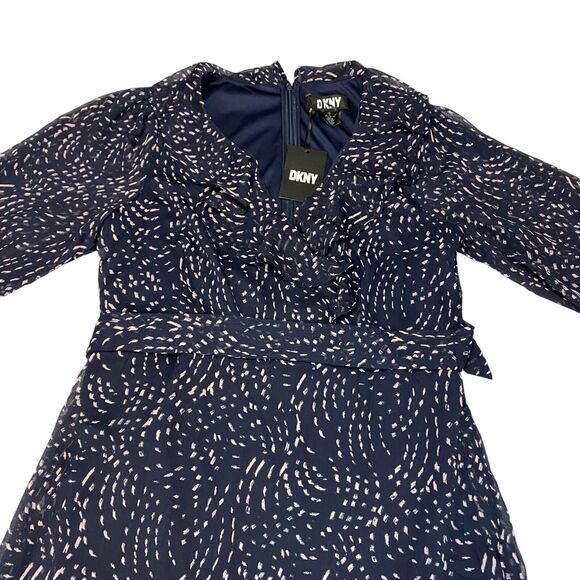 DKNY Dress Women's 12 Navy Pink Sheer Balloon Sleeve Lined Tie Waist Back Zip - Picture 15 of 16